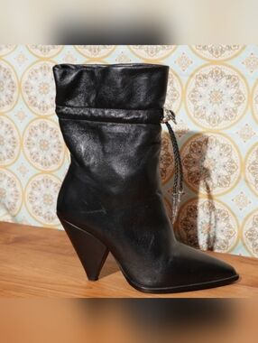 THE KOOPLES Black Leather Cone-heeled Mid-calf Boot w/Bolo Tie Drawstring Shaft